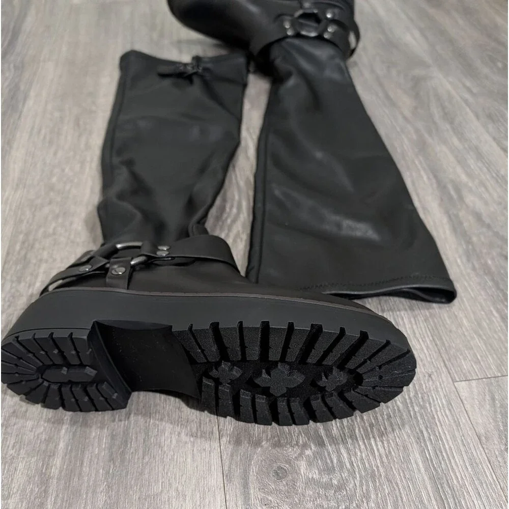 Steve Madden Lawful Over-The-Knee Harness Boots Moto Lug Sole NEW Size 9
